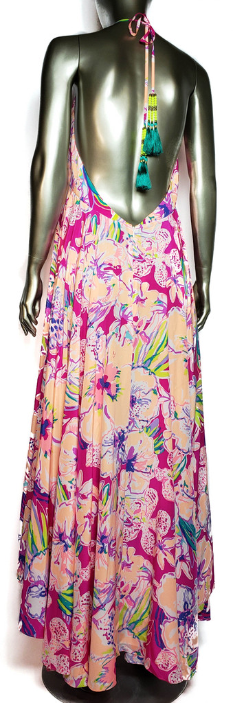 SOLD - Lilly Pulitzer "Gizelle" Hot Pink and Peach Floral Print Green Tassel Tie Asymetric Maxi Dress - Size Medium - New