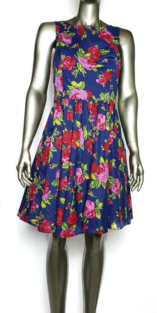 Betsey Johnson Soft Cotton Deep Blue Pink Roses Bodice Ruffle Dress - Size 6 - New