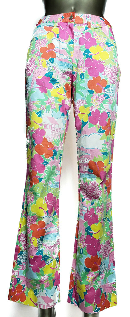 Lilly Pulitzer Colorful Tropical Scene High-Waist Bell Bottom Slacks - Size 2 - Vintage