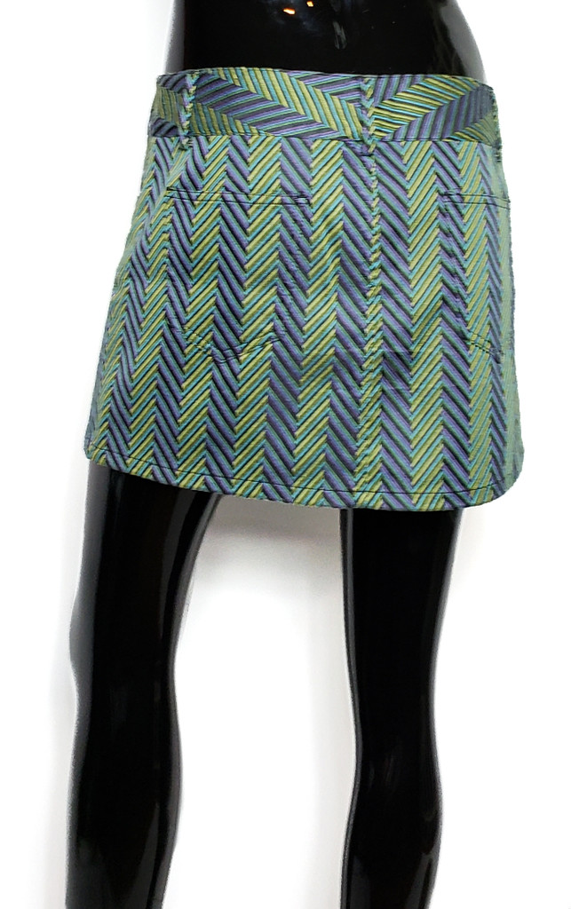 Alice + Olivia Purple and Olive Heavy-Stitched Sateen Striped Chevron A-Line Mini Skirt - Size 8 - New