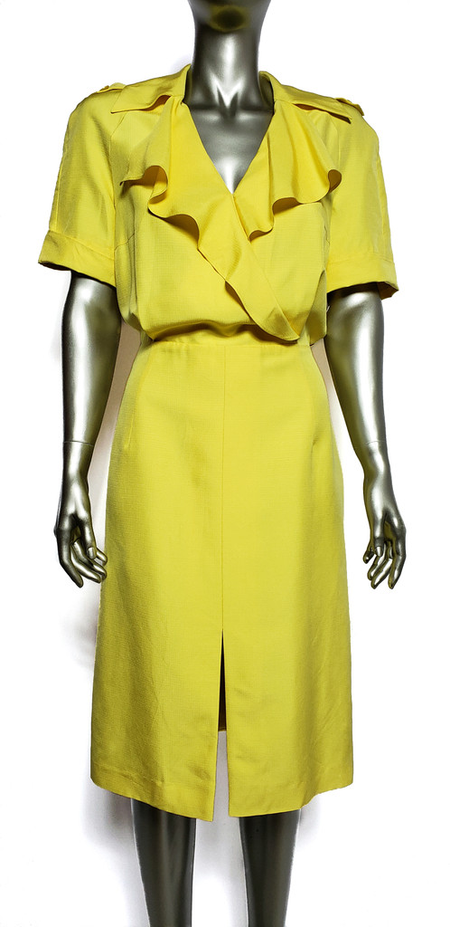 Escada Yellow Silk Ruffle Wide Collar V-Neck Pencil Dress - Size 38 (US 6) - New