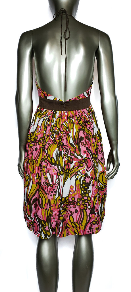 Milly Pink and Brown Signature Printed Open Back Tie Neck Dress - Size 6 - Rare