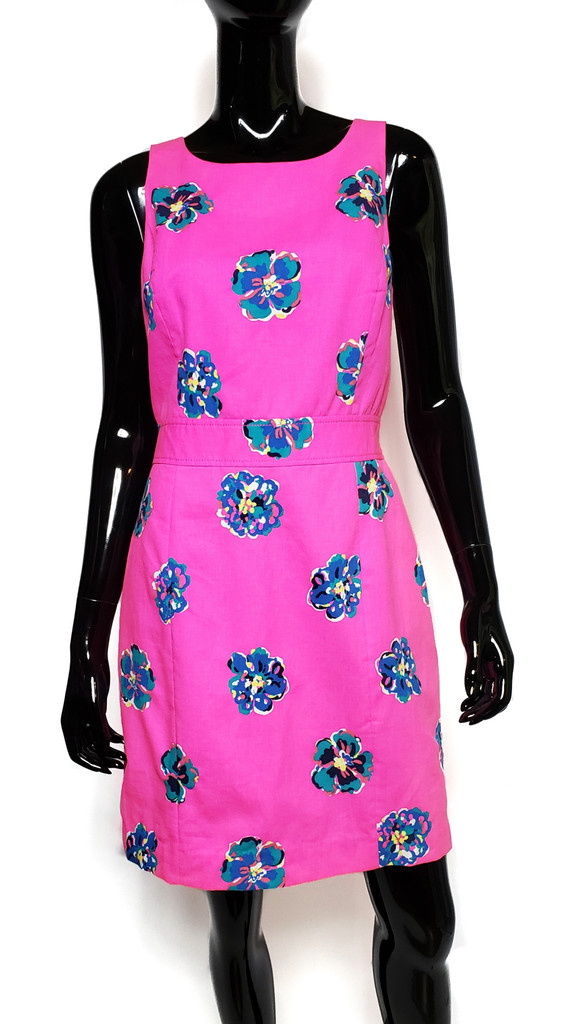 Lilly Pulitzer Bright Fuschia Blue Flowers Triangle Cut Out Back Sleeveless Pencil Dress - Size 6 - New