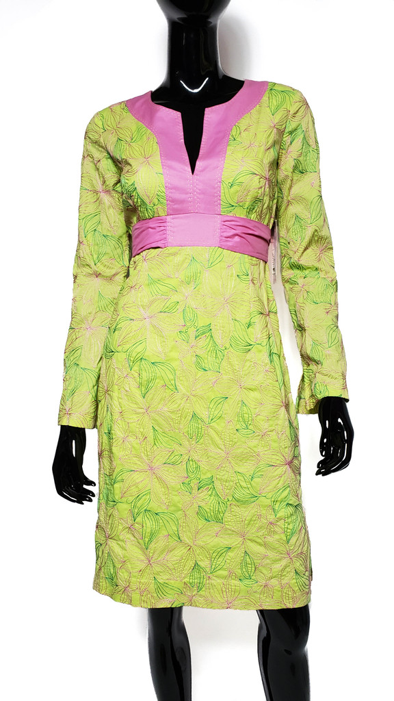 Lilly Pulitzer Palm Beach Collection "Papaya Green" Embroidered Pink and Green Flowers Dress - Size XS - New