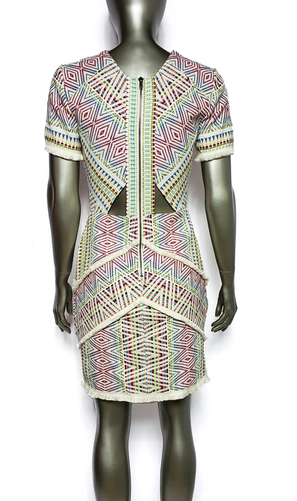 Adelyn Rae Colorful Embroidered Fringed Geometry Cut Out Pencil Dress - Size XS 