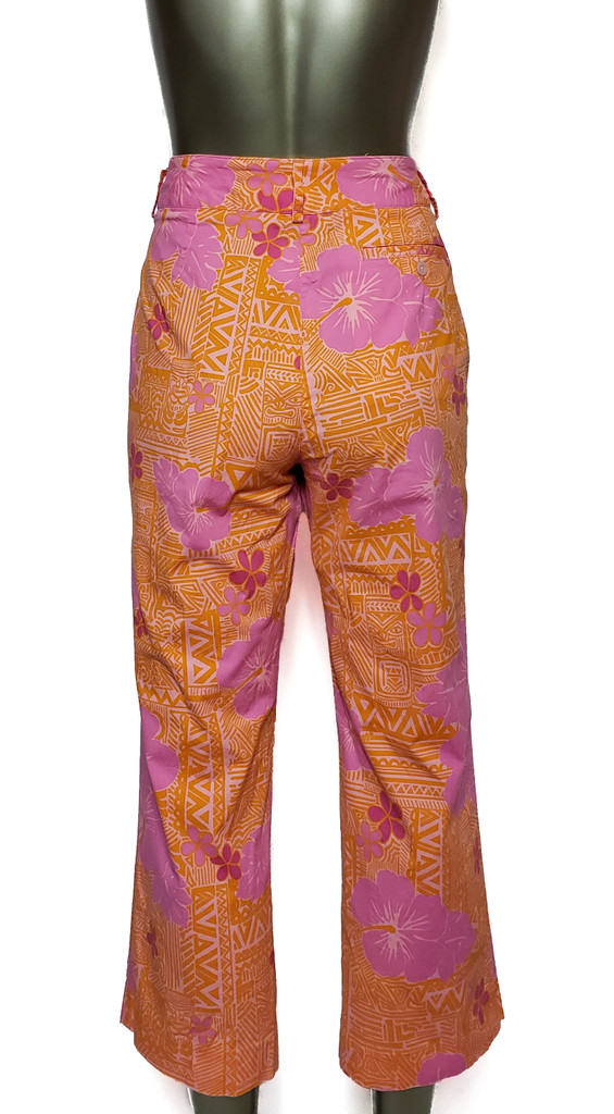 Lilly Pulitzer Orange Tiki Masks Deep Pink Lily Flowers High-Waist Bell Capri - Size 10  - Vintage