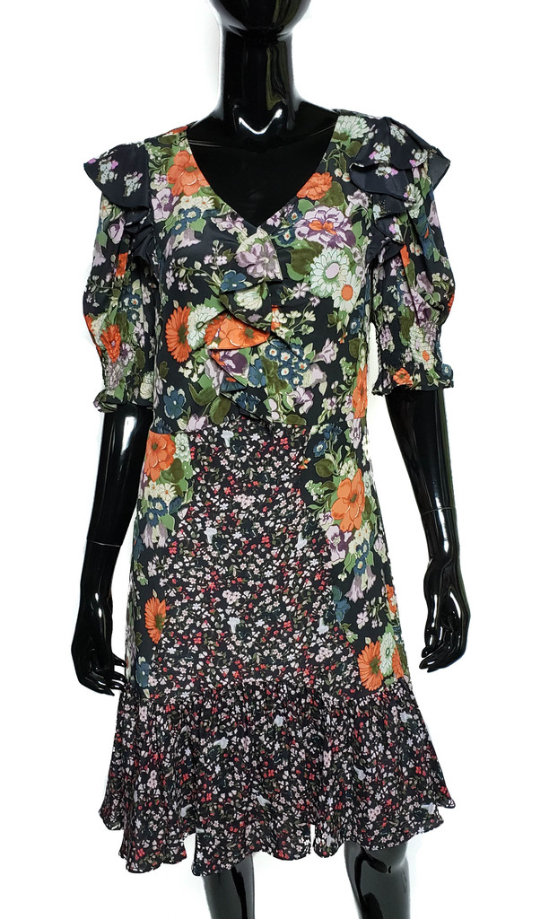 Rebecca Taylor Silk Colorful Floral Block Ruffled Shift Dress