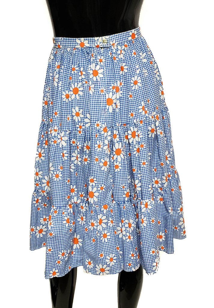 Pete Bettina Rockabilly 1950s Gingham MOD High-Waist Blue Orange Flower A-Line Skirt - Size M - Vintage 1950s Rare