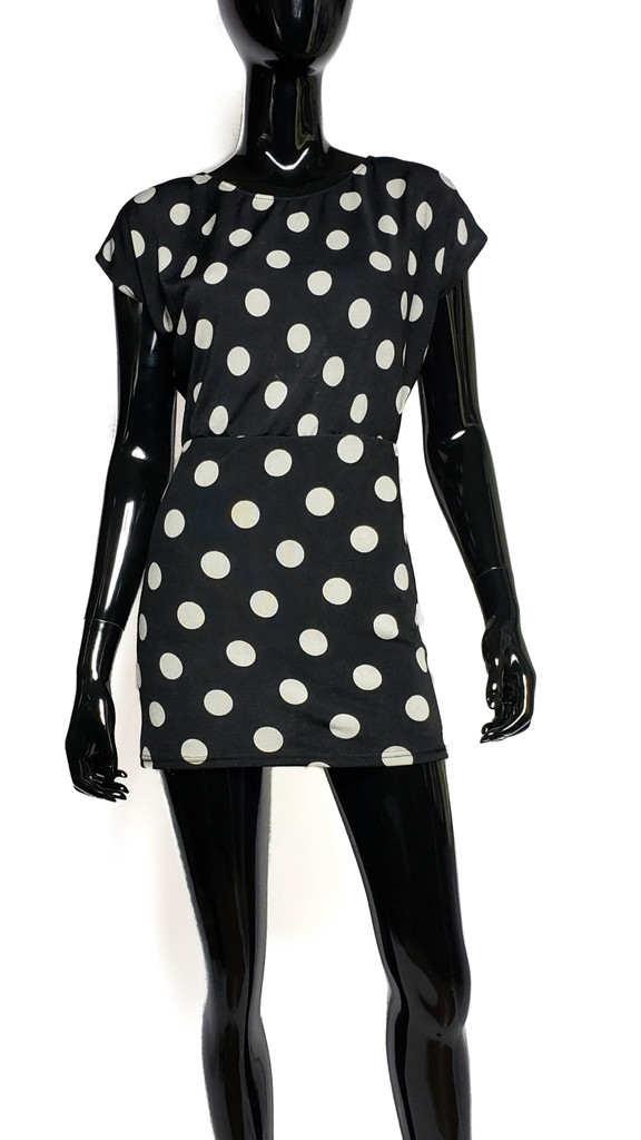 BACKSTAGE Big Cream Polka Dot and Black Open Back Tie Neck Mini Dress - Size XS 