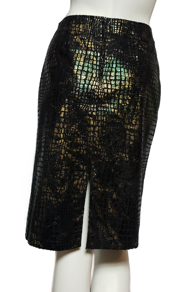 IN CHARGE High-Waist Black Abstract Metallic Reptilian Print Pencil Skirt - Size M - Vintage 1980s Deadstock