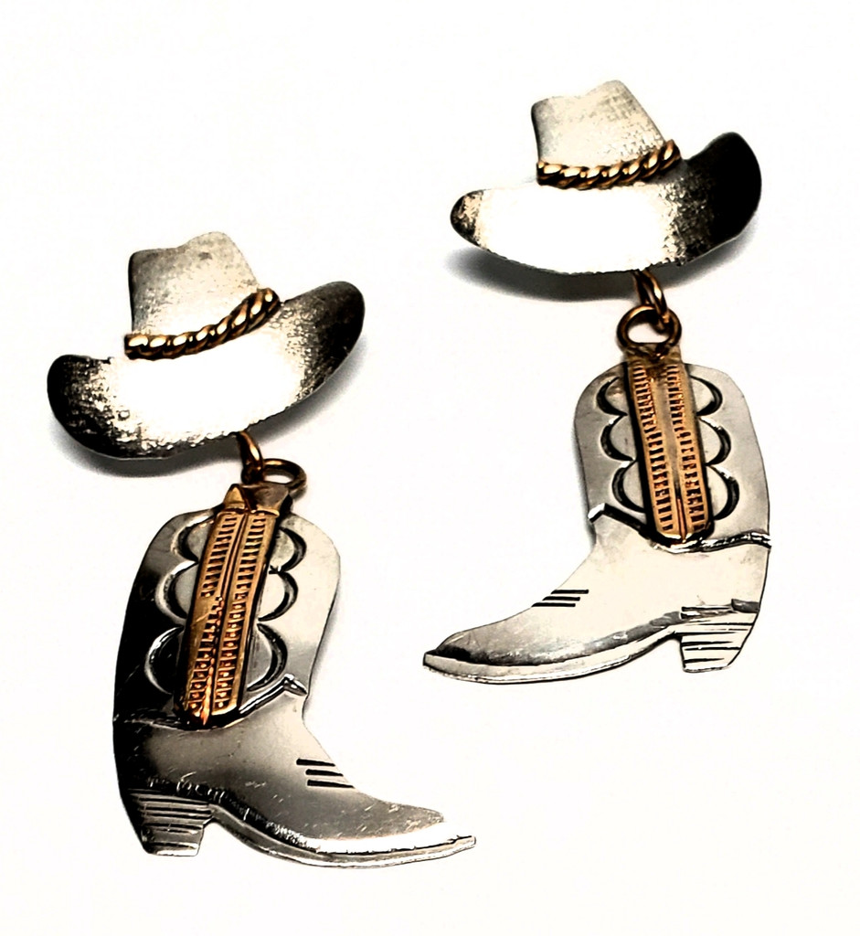 Richard Begay Sterling Silver Brass Cowgirl Boots and Hat Earrings - Vintage