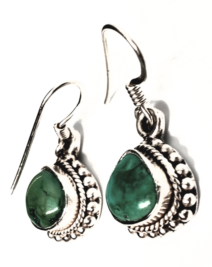 Sterling Silver Mountain Turquoise Teardrop Stone Pebbled Border Earrings - Vintage