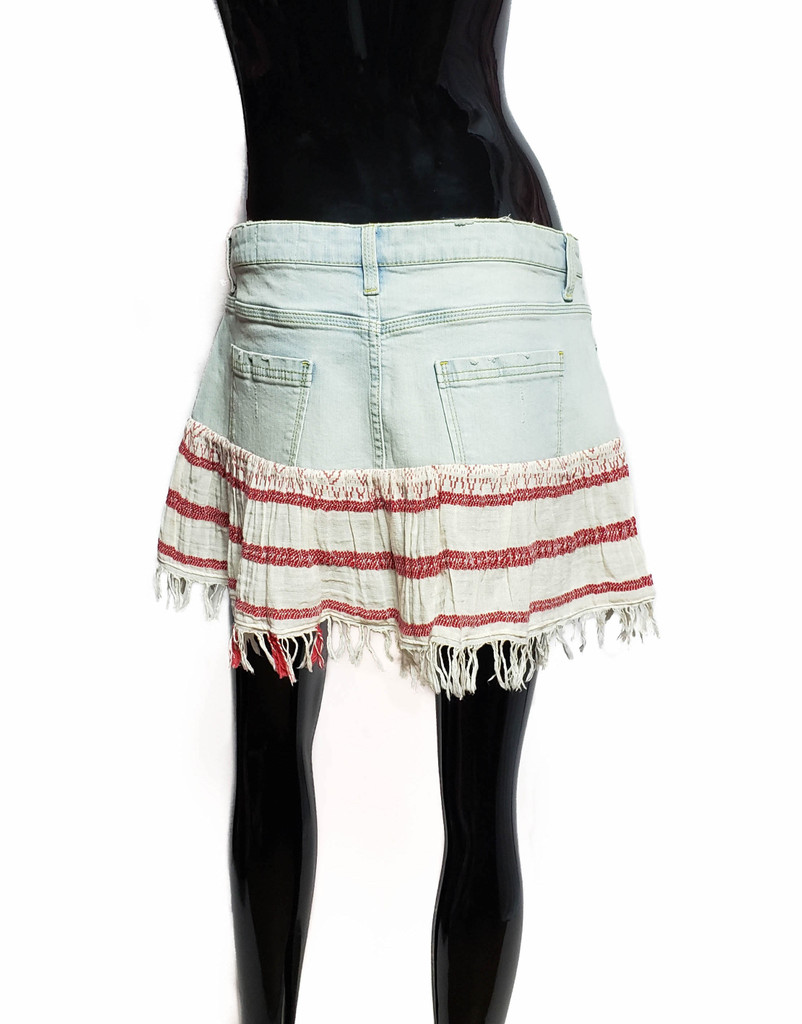 MADE "Venice" Distressed Cream and Red Fringed Denim Mini Skirt - Size M - New