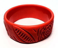 Bakelite Tangerine Roses Deep Carved Bangle Bracelet - Vintage 