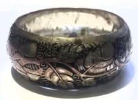 Etched Leaf Art Metal Bangle Bracelet - Vintage