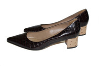 Anyi Lu Brown Leather Crocodile & Ostrich Print Block Heels - US 7 - New