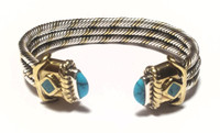 Taxco Sterling Silver Brass and Natural Turquoise Stones Three Cable Cuff Bracelet - Vintage 1950s