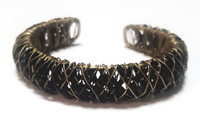 Bronze Metal and Black Crystals Basket Weave Cuff Bracelet - Vintage 