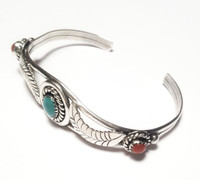 J. W. Begay Sterling Silver Navajo Feather Turquoise Coral Cuff Bracelet - Vintage