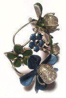 Enamel Bracelet - Crystal Ball Flowers Stainless Steel Cuff - Vintage