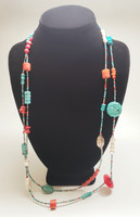 Peyote Bird Turquoise Coral MOP and Sterling Super Long Statement Necklace