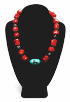 Natural Chunky Cherry Coral Stones Mountain Turquoise Center Stone Sterling Silver Heavy Bold Statement Necklace - Vintage 1970s