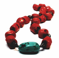 Natural Chunky Cherry Coral Stones Mountain Turquoise Center Stone Sterling Silver Heavy Bold Statement Necklace - Vintage 1970s