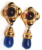 Givenchy Glass Ocean Drop Rich Gold Tone Earrings - Vintage 1980s