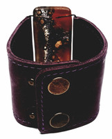 Artisan Italian Murano Glass Deep Plum Leather Wide Snap Bracelet - Vintage Deadstock