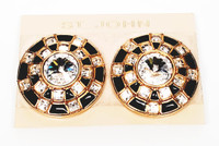 St. John Solar Black Enamel Rainbow Rhinestones Gold Tone Statement Earrings - Vintage 1980s Deadstock Rare