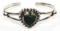Taxco Sterling Silver Pebbled Malachite Heart Cuff Bracelet - Vintage 1950s
