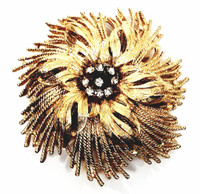 HAR Bursting Dimensional Flower Rhinestone Rich Gold Tone Brooch - Vintage 1950s