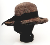 Kaminski Big Black Bow Chocolate Raffia Hand Made Hat - Vintage 1980s
