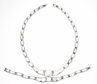Taxco Sterling Silver Mother of Pearl Necklace Bracelet Demi Parure Set - Vintage 