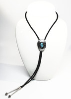 Sterling Silver  Sleeping Beauty Turquoise Stone Shadow Box Navajo Bolo Tie - Vintage