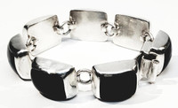 Taxco Sterling Silver Onyx Rectangle Cabochon Links Bracelet - Vintage 1950s