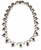 Taxco Sterling Silver Natural Stones Heavy Hearts Link Necklace - Vintage and Rare!