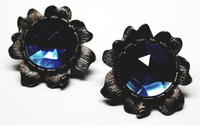 Craft Big Blue Rhinestone Pewter Flower Clip-On Earrings - Vintage