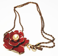Kennth Jay Lane Big Red Enamel Dimensional Flower Necklace - Vintage