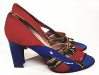 Chloe Red Suede Blue Patent Leather and Python Color Block Open Toe Heels  - Size US 10