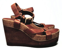 Tory Burch Caramel-Colored So Boho Soft Pebbled Leather High Wedge Mary Jane Sandals - Size US 7M