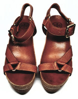 Tory Burch Caramel-Colored So Boho Soft Pebbled Leather High Wedge Mary Jane Sandals - Size US 7M