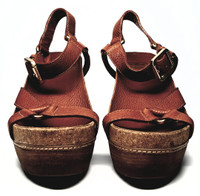 Tory Burch Caramel-Colored So Boho Soft Pebbled Leather High Wedge Mary Jane Sandals - Size US 7M