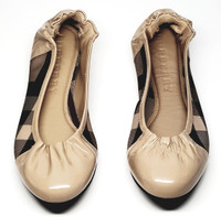 Burberry Check and Khaki Patent Leather Rounded Toe and Heel Ballet Flats - Size US 7 - New