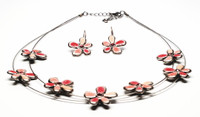 Pewter Pretty Pink Enamel Flowers Necklace Earrings Set - Vintage 1980s Deadstock