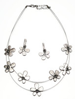 Pewter Pretty Pink Enamel Flowers Necklace Earrings Set - Vintage 1980s Deadstock