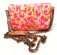 Lilly Pulitzer Flamingo Pink Green Floral Heavy Gold Chain Purse - New