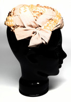 Union Made Cream Mocha Big Bow Braided Raffia Fascinator Hat - Vintage 1950s Deadstock