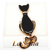 La Scala Black Enamel Cat with Crystal Bow Tail Brooch - Vintage 1980s