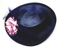 Plaza Suite Betmar Big Pink Flower Blueberry Fine Raffia Weaved Turned Brim Hat - Vintage 1980s